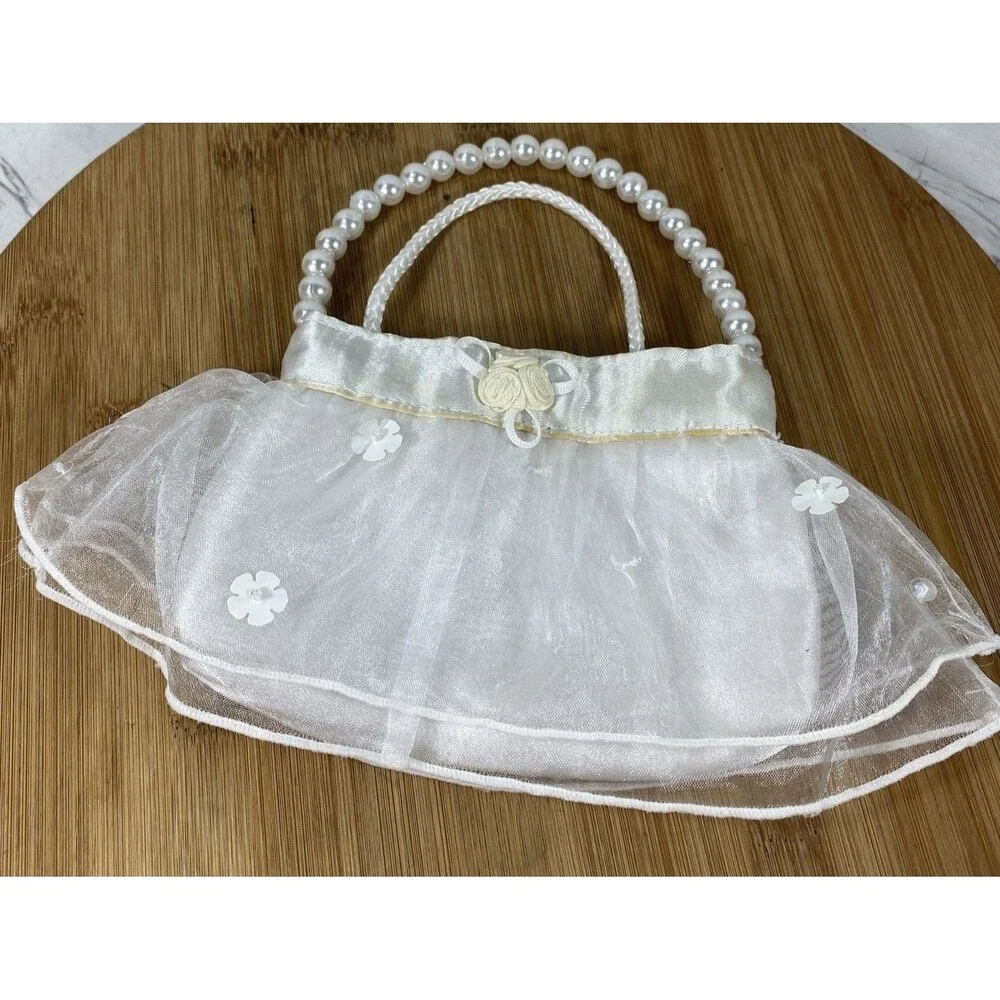 Vintage Little Girls Purse With Pearls Handle And Lace